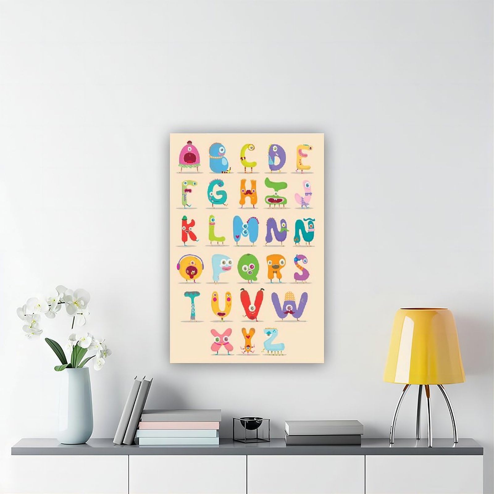Poster éducatif sur toile représentant un petit monstre 24 lettres de l'alphabet pour enfants, décoration de chambre, bureau, chambre, cadeau, sans cadre : 60 x 90 cm