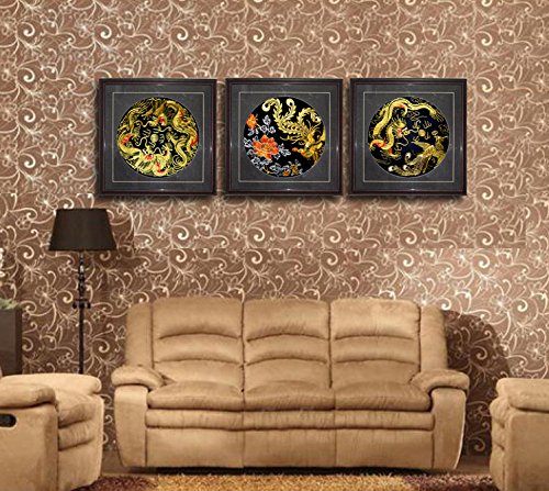Grace Art, Large Asian Silk Embroidery Art Wall Hanging, Dragon & Phoenix #TOP1