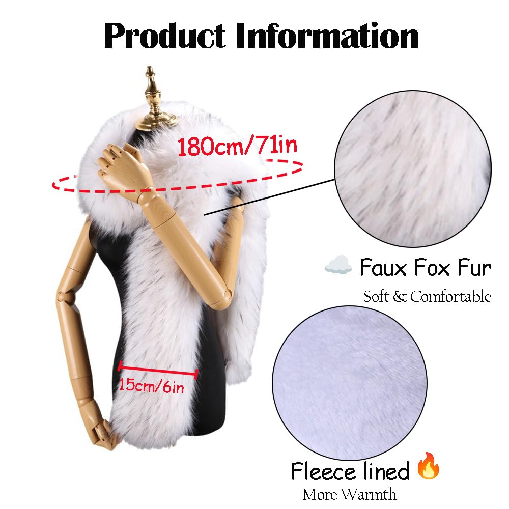 Kunstpelz Schal Stola Damen Lang Fellschal 180cm Kunstfuchspelz Kragen Winter Fellkragen Hochzeitsschal Pelz Brautstola Kunstfell Pelzkragen Kragenschal Pelzschal für Abendkleid Jacke Mantel
