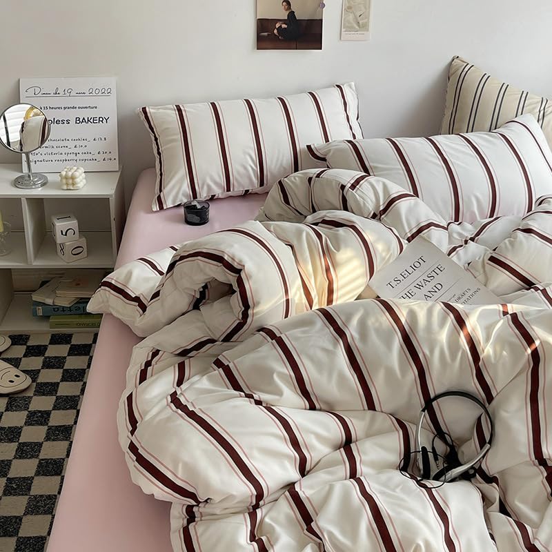 Housse de couette 220x240 à rayures rouge et blanc Freyamy avec 2 taies d'oreiller