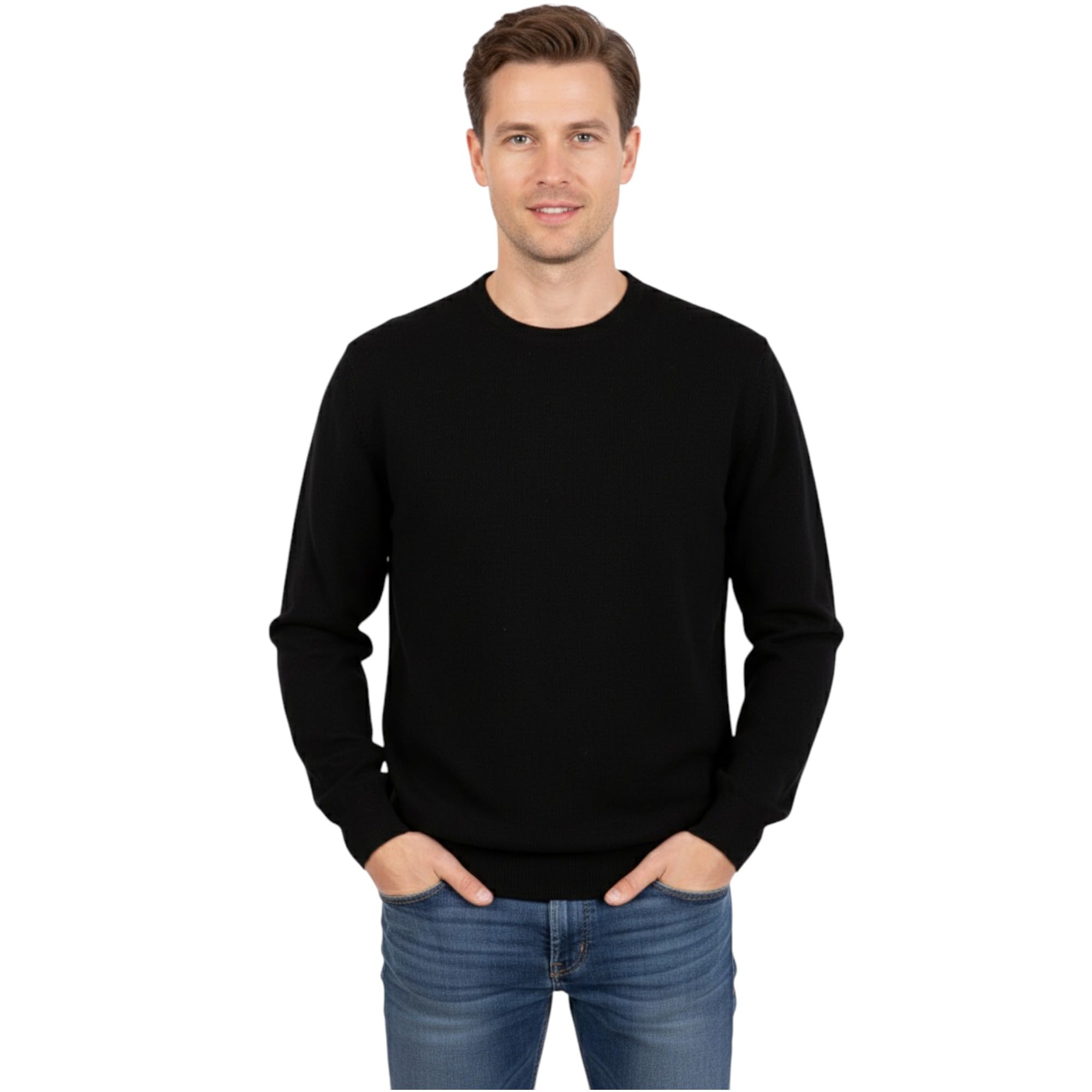 Marenza Men's Black Crew Neck Mere Blend Silk Made In Italy Sweater Paricollo Pullover Long Sleeve Merino Wool Mere Sweater Beige Blue Grey Knit Winter Clothing Gift, M