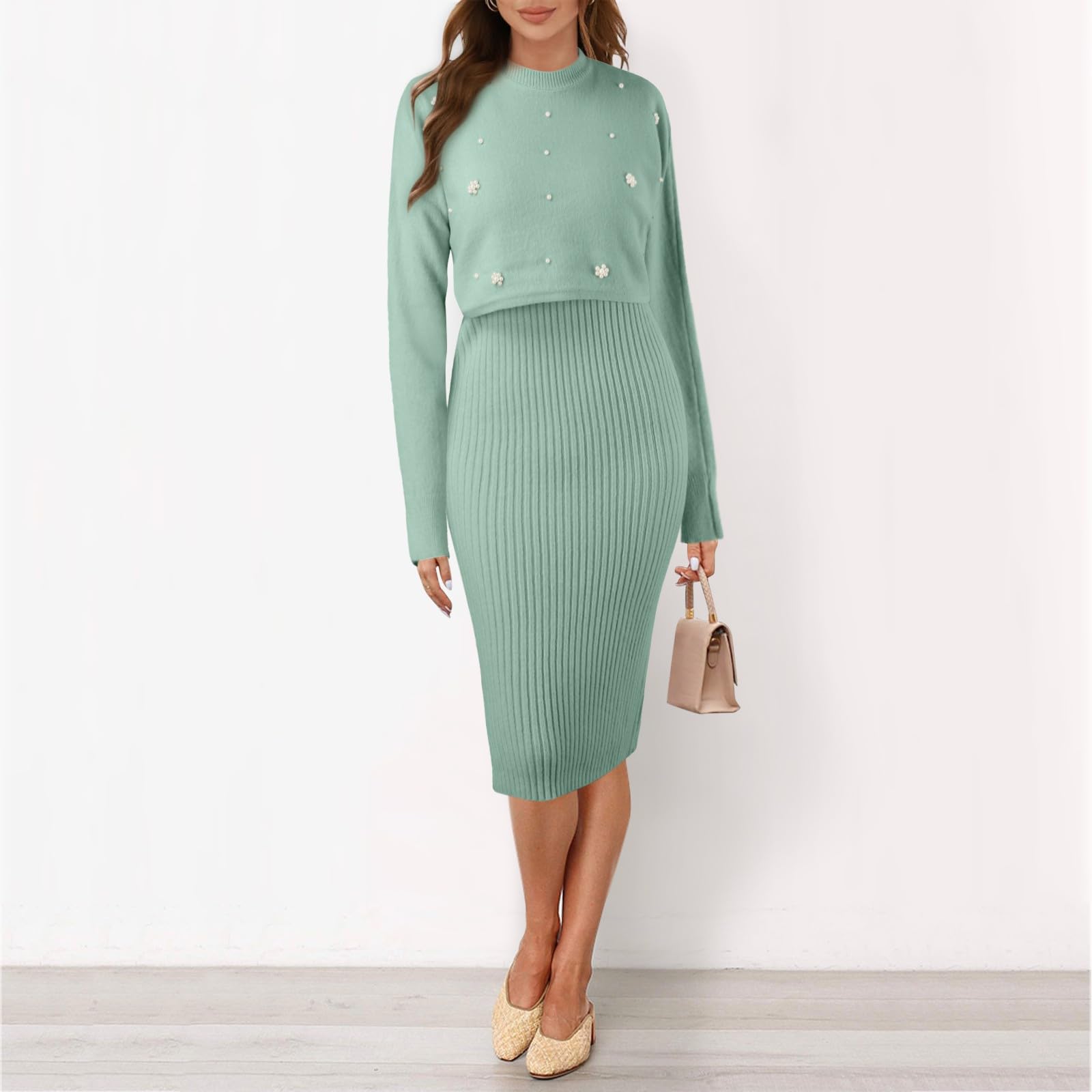 Fulidngzg Strickkleid Damen Herbst Winter 2 Teiler Sweater Kleid Pullikleid Warm mit Pullover Winterkleider Schnitt Grobmaschig Zweiteiler Party Outfit Enges Herbstkleid