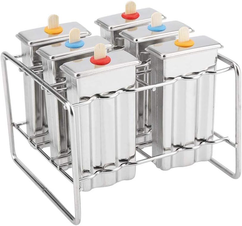 Reusable Stainless Steel Set of 6 Ice Cream with Stick Holder Base DIY Ice Cream Maker Freezer Set for Home Kitchen(Flat double)