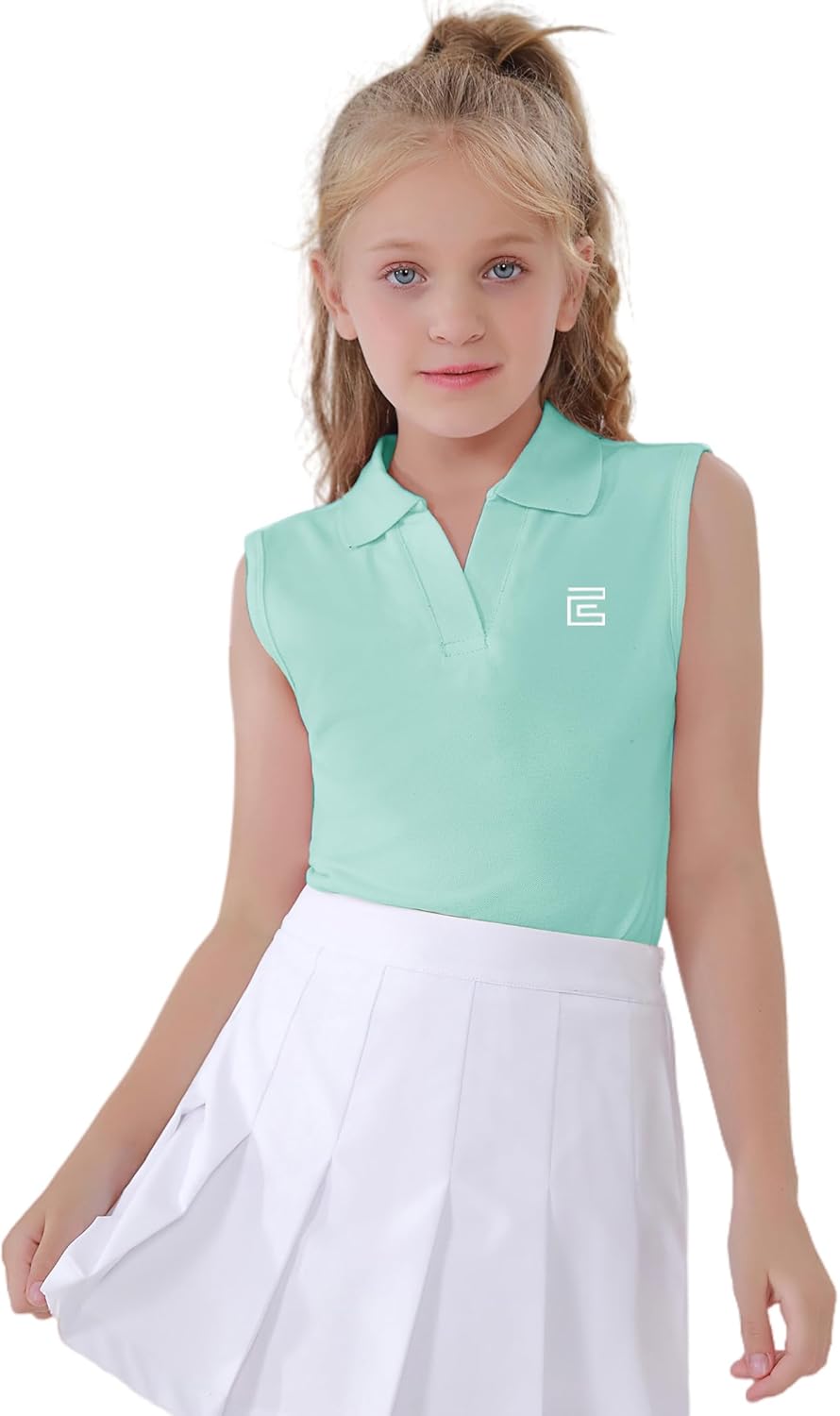 EXARUS Girls' Golf Polo Tennis Shirts Sleeveless Kids V-Neck Equestrian Tank Tops UPF 50+ Quick Dry Golf Clothes