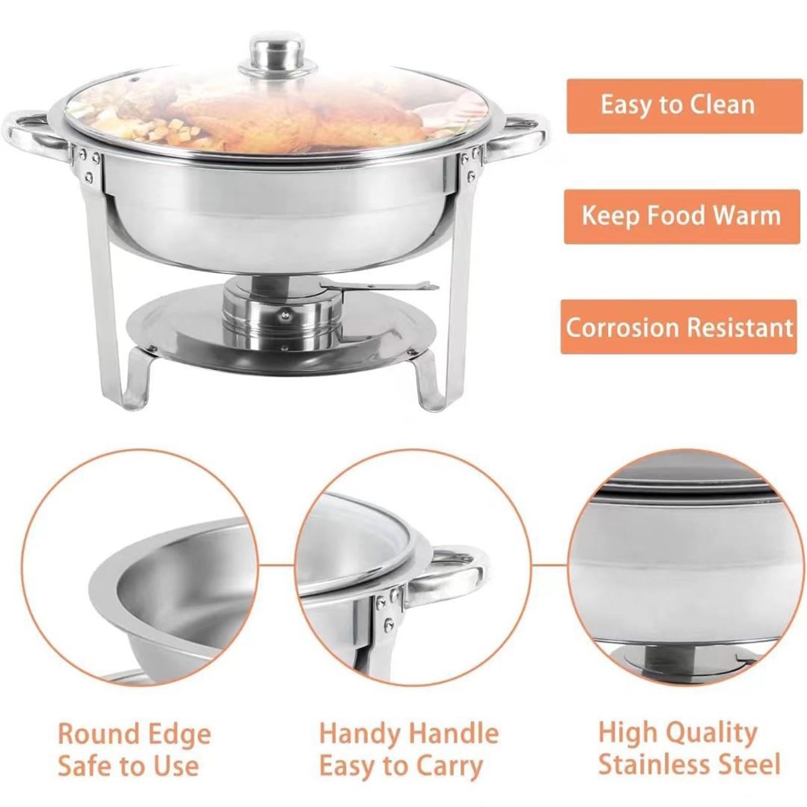 Ensemble de plats à frire – Chauffe-buffet rond en acier inoxydable avec couvercle en verre pour la restauration et les événements