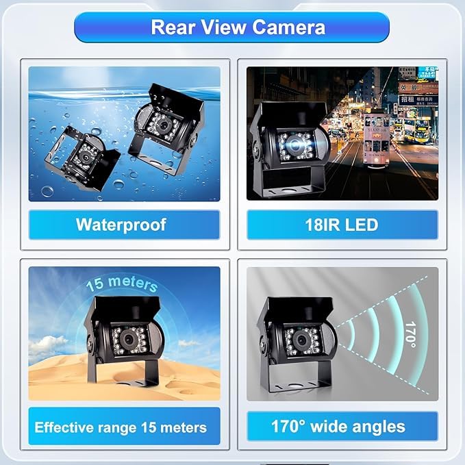Kit Monitor LCD 7 Pollici TFT + 2 Telecamere IP68 (Frontale e Posteriore, Bianche o Nere) – Display a Colori con Ingresso AV Universale, Sistema Retrocamera Auto, Camper e Camion (Nera)
