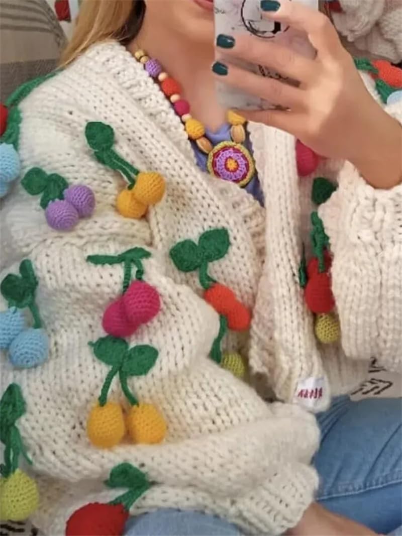Damski sweter z dekoltem w serek, z długim rękawem, dziergany sweter retro, ręcznie robiony sweter szydełkowy vintage