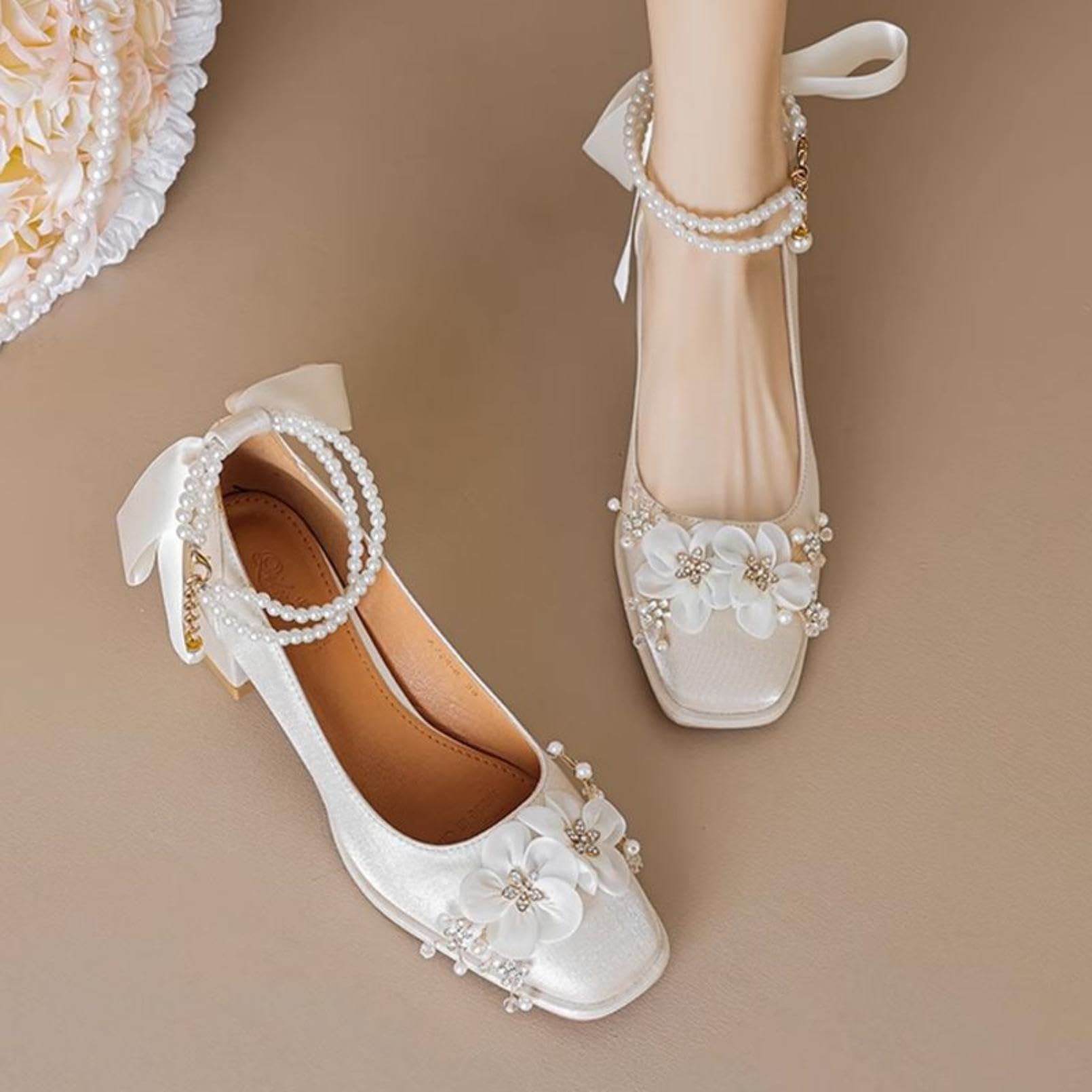 Generico Scarpe da Sposa in Raso con Punta Quadrata da Donna | Cinturino Alla Caviglia Scarpe Da Ballo Per Feste Con Fiocco, Tacco Grosso Alto DéColleté Da Vestito Con Motivo Floreale
