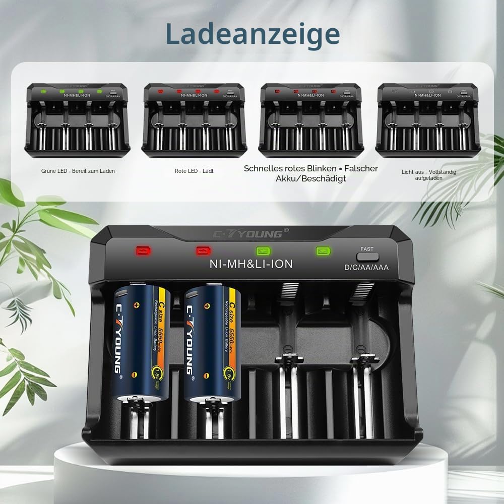 Wiederaufladbare D Batterien, 4er-Pack, 1,5V Lithium, 11000mWh | USB Typ-C Universalladegerät, Kompatibel mit AA, AAA, C, D, Hohe Kapazität