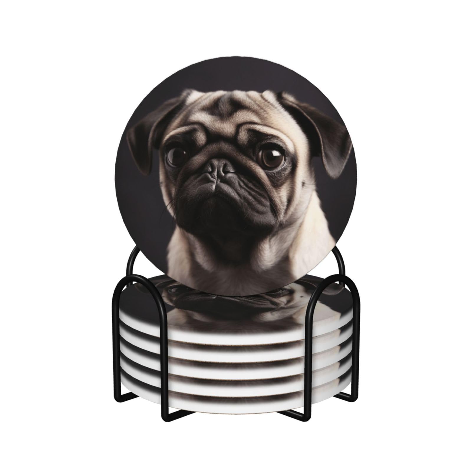 6Pcs Ceramics Coaster for Drinks, Pug Cup Coasters with Holder, Aesthetic Drink Coasters for Coffee Table, Absorbent Round Coaster for Tabletop Protection 4" Cup Mat Pad