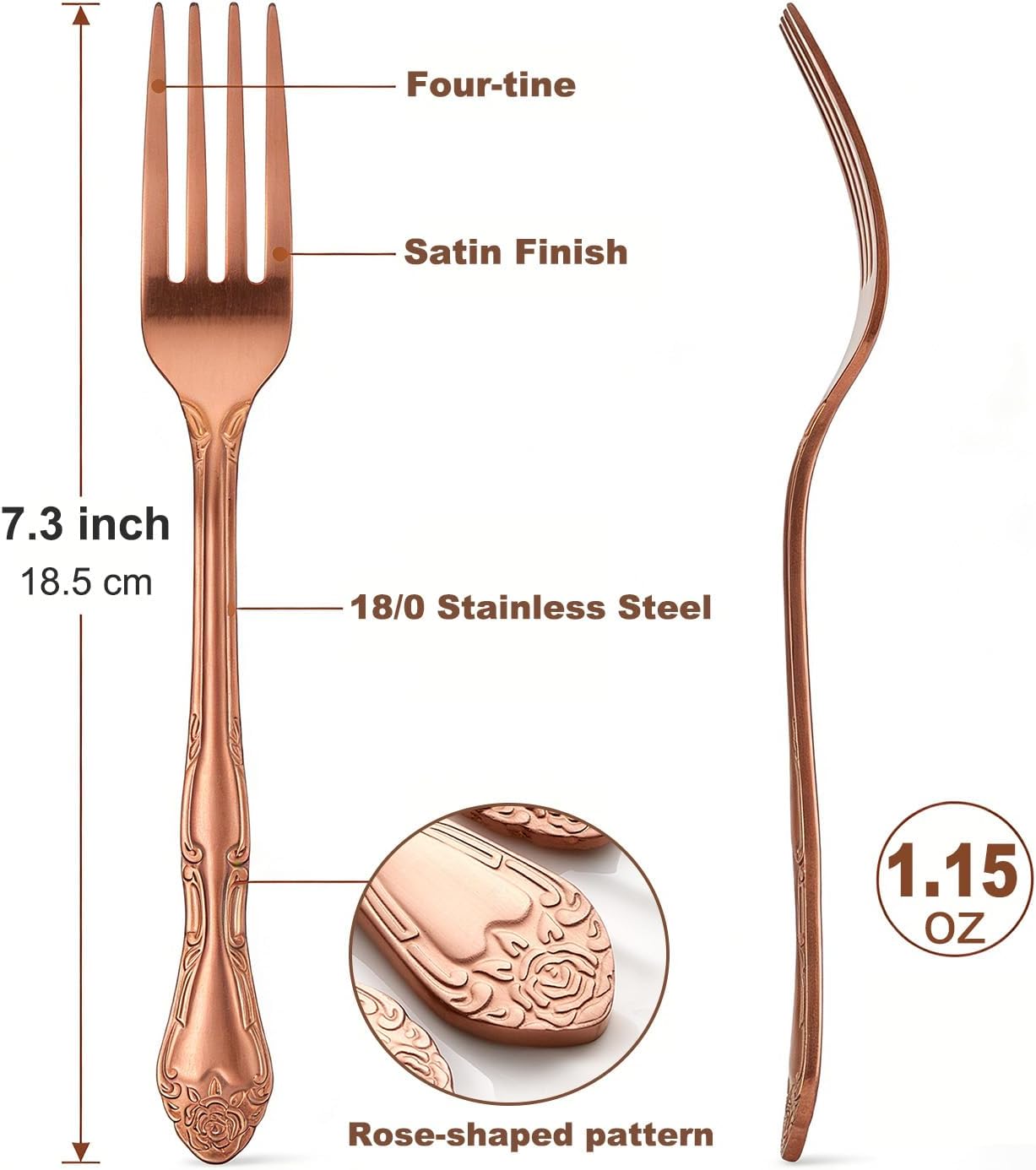 Rose Gold Salad Forks Set of 12, FULLYWARE 430 Stainless Steel Satin Finish Dessert Forks Silverware, Small Cake Forks with Rose Pattern Design, Dishwasher Safe for Home Restaurant