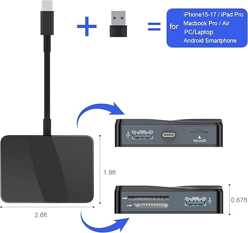 Miniatura 3 de Lector de tarjetas SD, adaptador de tarjeta USB-C y USB 5 en 1 con SD/MicroSD/MS y puertos USB-A duales lector de tarjetas de memoria para iPhone