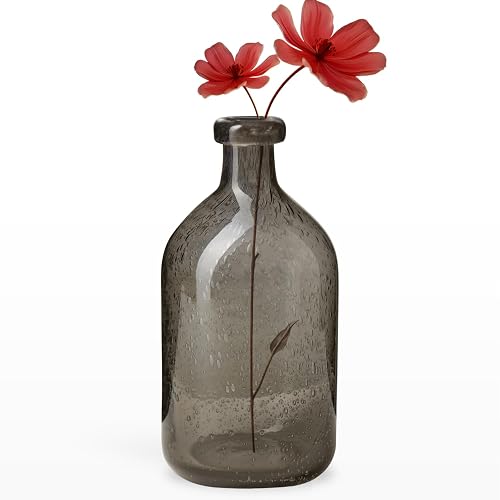 Torre & Tagus Tito Smoked Glass Vase, Hand Blown Bubble Glass Bud Vase for Flowers or Reed Diffuser, 8 Inch Decorative Gray Vase for Shelf, Table, or Modern Home Decor