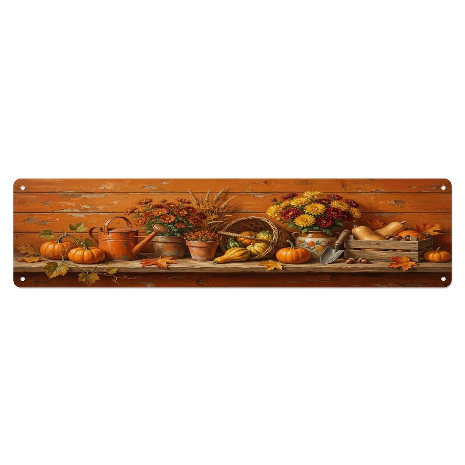 Floral Garden Tools Pumpkin Harvest Pattern Print Metal Tin Sign
