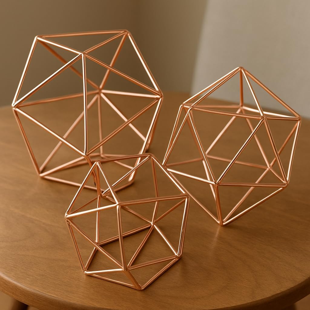 Koyal Wholesale 3 Pcs Assorted Icosahedron Rose Gold Home Decor Himmeli Rose Gold Geometric Centerpiece 3D Geometric Tabletop Decor Hanging Icosahedron Prism Floral Cage