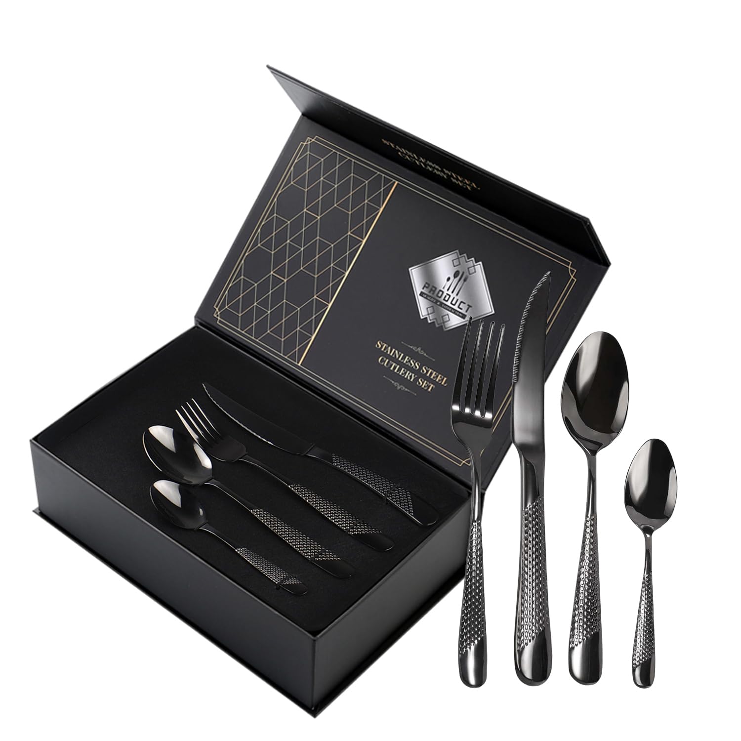 VIQWYIC Juego de cubiertos de 24 piezas, cubiertos martillados, cuchillo de acero inoxidable, tenedor, cuchara, juego de cubiertos para 6 personas, modernos cubiertos de plata para