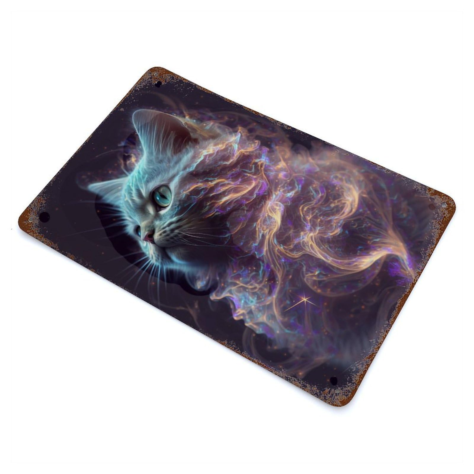 Rust Effect Galaxy Kitten White Cat Rusty Metal Tin Sign 11.8"x7.9", Rustic Home Decor for Living Room, Hallway And Home Decor