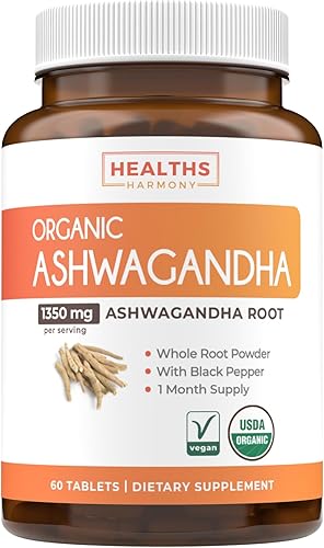 Ashwagandha orgánica USDA (60 tabletas vegetarianas) 1350 mg de polvo de raíz de Ashwaganda por porción con pimienta negra Apoyo suprarrenal