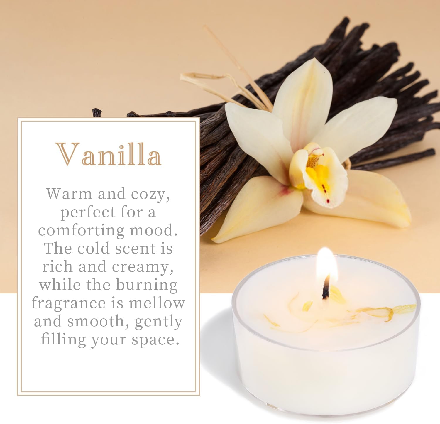 Vanilla Scented Tealight Candles, 48 Pack- Extended 4-5h Clear Cup Scented Tea Lights with Handmade Floral Surface, 100% Natural Palm Wax Tealights Smokeless for Home Cozy Night, Holidays