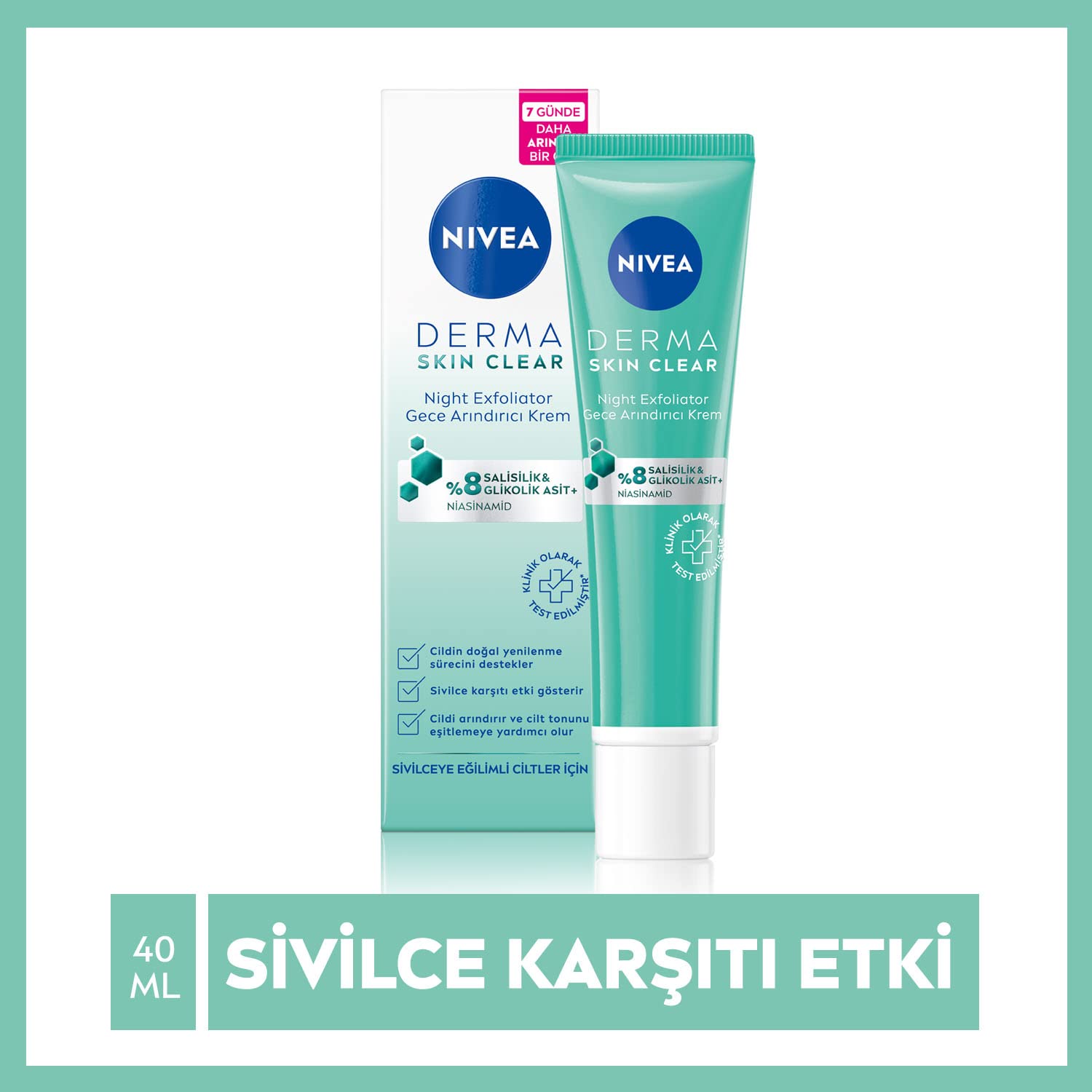NIVEA Derma Skin Clear Night Exfoliator Gece Arındırıcı Krem 40ml,%8 Glikolik Asit (AHA) ve Salisilik Asit (BHA) ile Sivilce Karşıtı Etki,Eşit Cilt Tonu