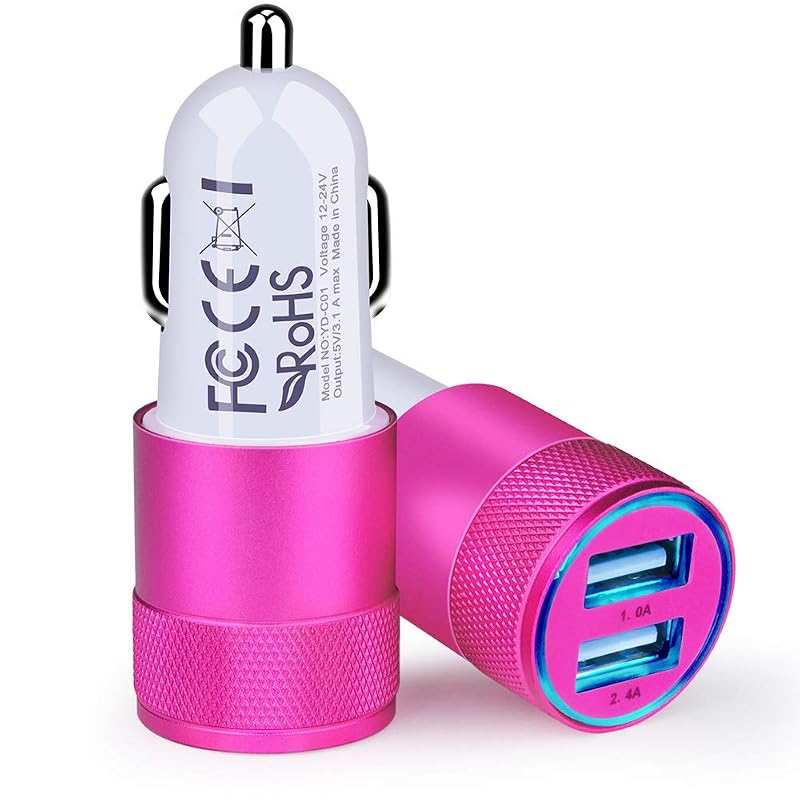 Carregador veicular AILKIN com 2 portas USB-A, 3,4 A, entrada 12 V, cor rosa, kit com 2 peças