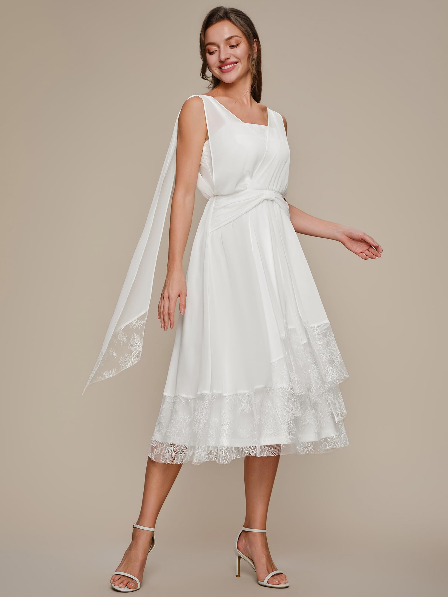 Ever-Pretty Robe de Soirée Midi en Mousseline Col V sans Manches Dentelle A-Ligne EG02746