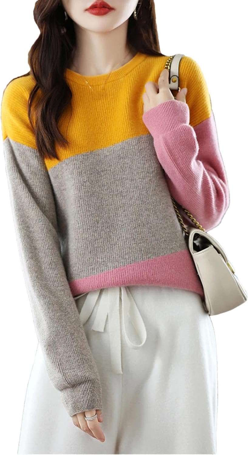 Women's 100% Wool Soft Sweater Fashion O-Neck Knitted Jumper Long Sleeve Patchwork Color Thermal Pullover