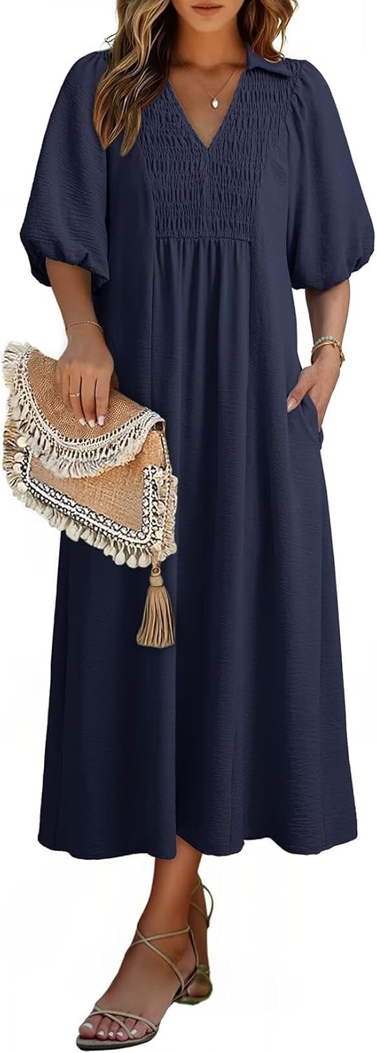 Dokotoo Summer Dresses for Women 2026 Casual Dresses V Neck Puff Sleeve Empire Waist A-Line Maxi Dress