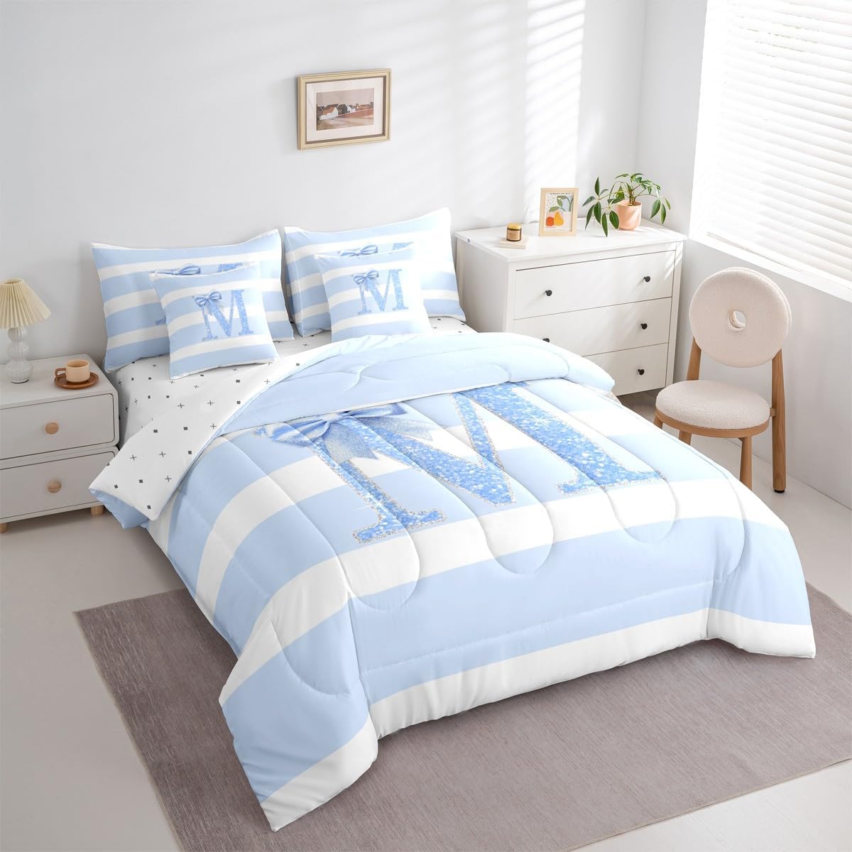 Blue Bow Sheet Set With Comforter Queen Size Initial Letter M Girls 7 Piece Bedding Set Glitter Bowknot Comforter Sets Personalized Monogram Stripes Bed In A Bag For Kids Teens Adult Bedroom