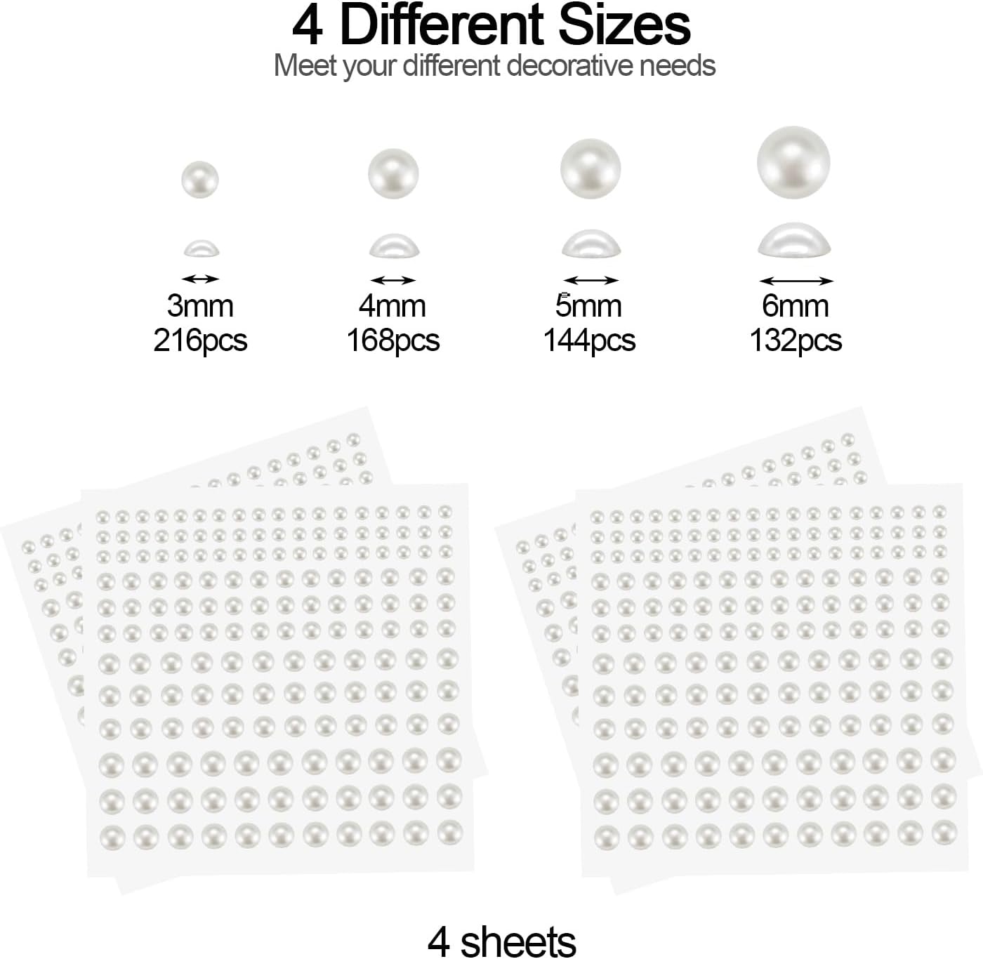 BlingKingdom 660pcs Self Adhesive Pearl Stickers Flat Back Pearls for Craft Hair Face Makeup Nail Cell Phone Scrapbooking Decor, 4 Size 3mm/4mm/5mm/6mm (White)