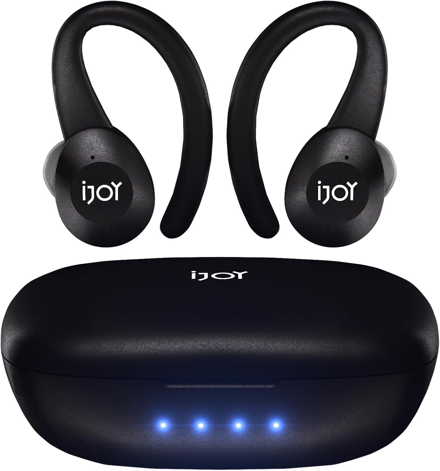 iJoy Wireless Running Headphones with charging case, showing earbuds and case with LED indicators