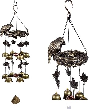 Antique Metal Bird Nest Wind Chime Mum Birds Fengshui Wind Chime with Bells Home Yard Garden Patio Outdoor Living Hanging Decoration Good Luck Blessing Pendant Ornament Bird Nest with Maple