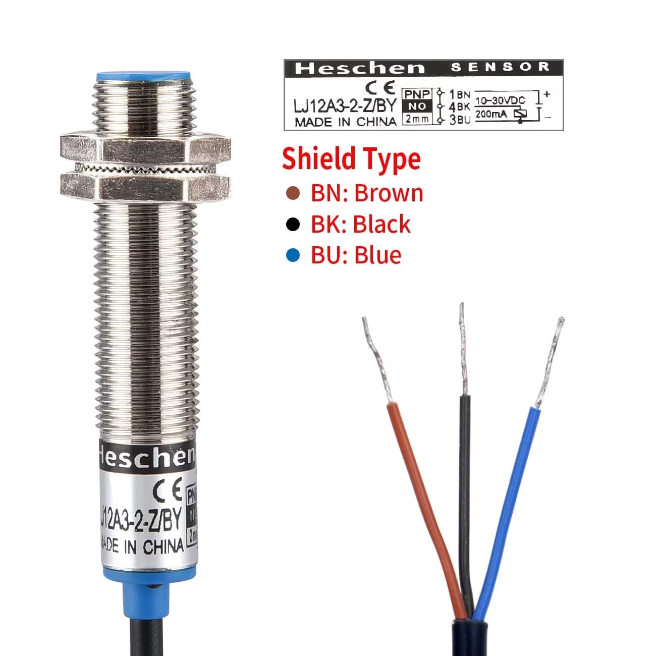 Heschen M12 Détecteur de proximité inductif, Type blindé, LJ12A3-2-Z/BY, Détecteur 2mm, 10-30VDC 200mA, PNP normalement ouvert (NO), 3 fils (10)