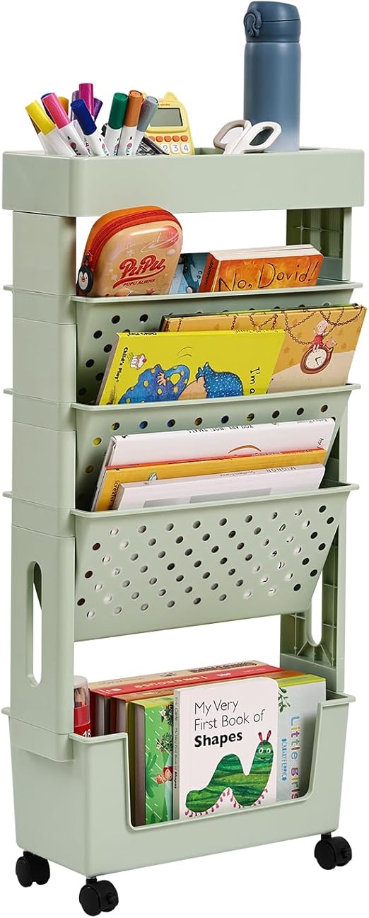 YOTATING Mobile Bookshelf with Wheel, Large Capacity Book Rack Magazine ...