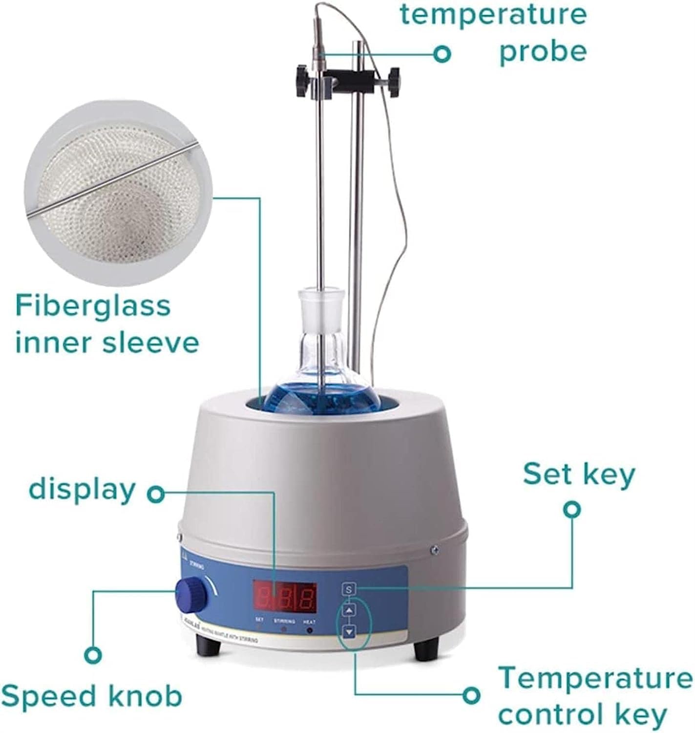 Manto Calefactor eléctrico de Laboratorio con agitador magnético, Control de Temperatura Digital Inteligente, Manto Calefactor con agitación eléctrica, Manto eléctrico Ajustable con calefacc