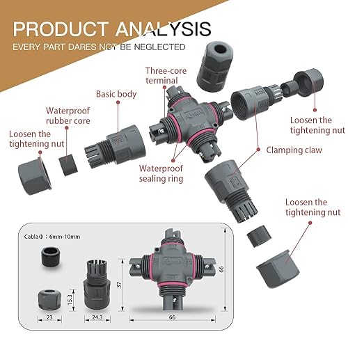 Miniatura 3 de AOHUA Caja de conexiones de 4 vías de 3 pines IP68 impermeable conector de cable de alimentación Ø5.0.000 in - 0.374 in Rango (CA 300 V, 20 A), UL
