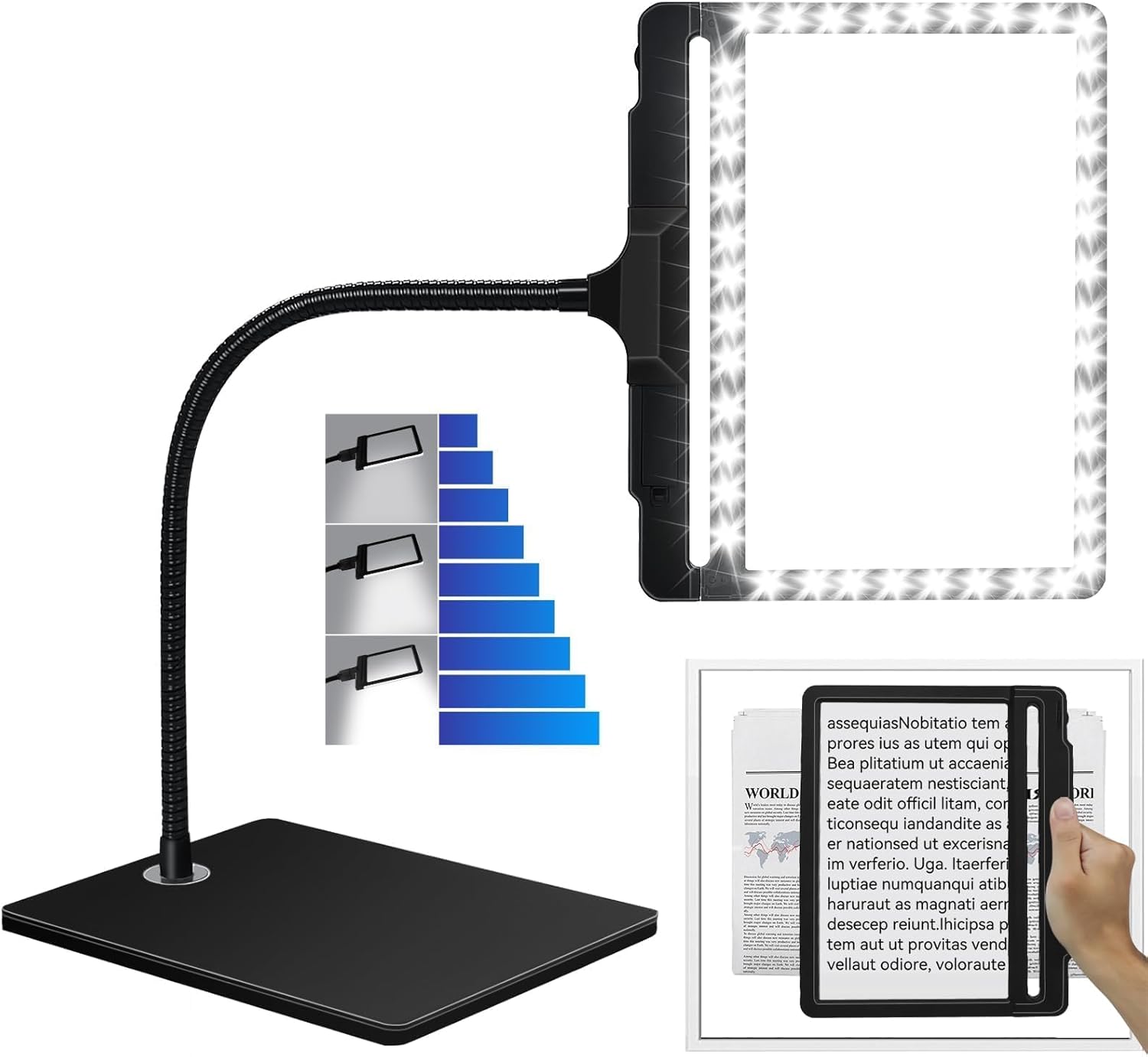 Large 5X Magnifying Glass with 42 LED Light and Stand, Flexible Gooseneck Magnifying Desk Lamp,2-in-1 Adjustable Brightness Detachable Page Magnifier for Reading,Crafts,Painting,Sewing,Close Work