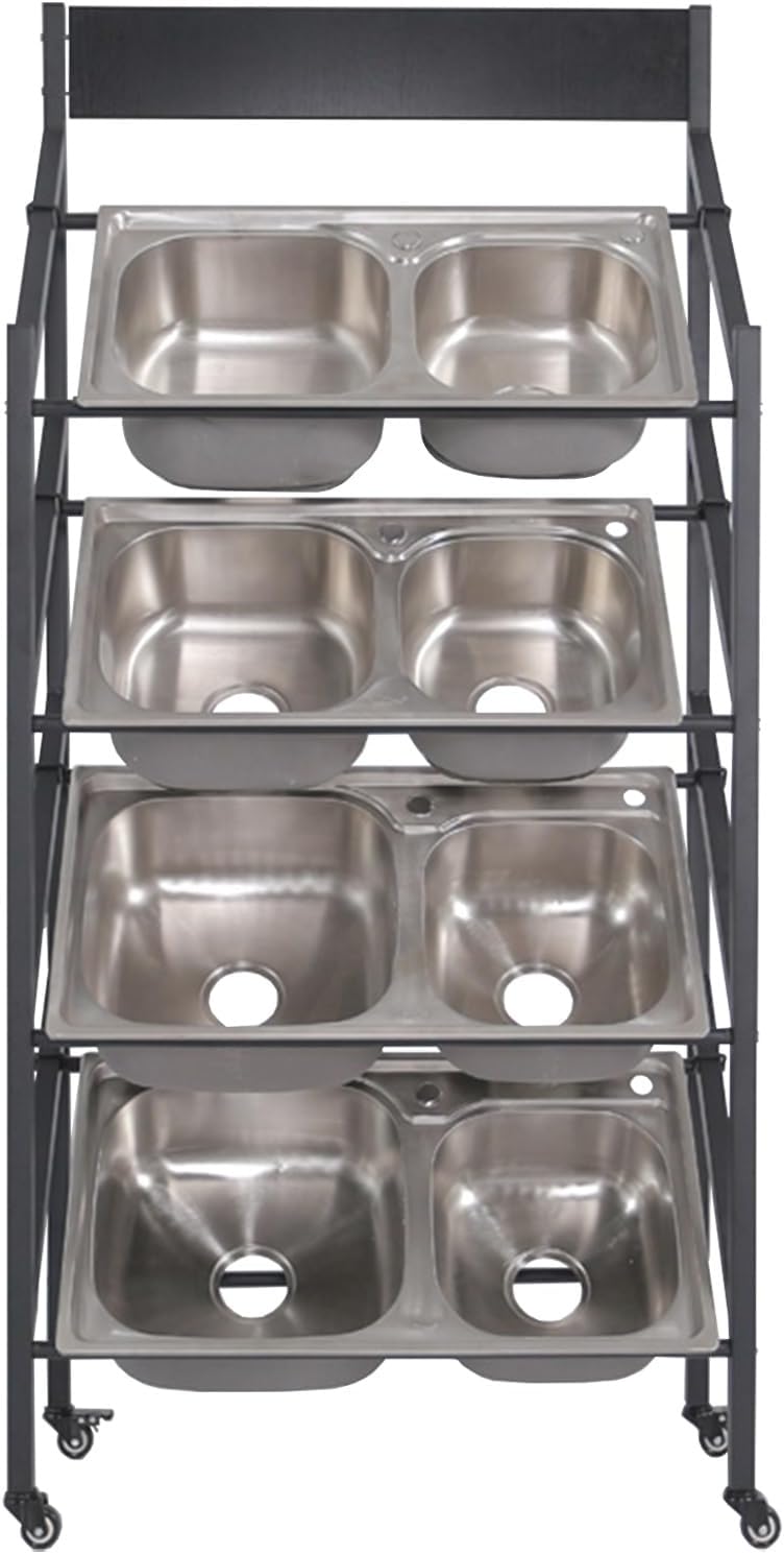 Commercial Kitchen Sink Sample Rack Floor Standing, Metal Adjustable Dish Tub/Wash Basin Organizer Shelf Multi-Layer, Exhibition Halls Store Double(W/Wheels L 35 7/16)
