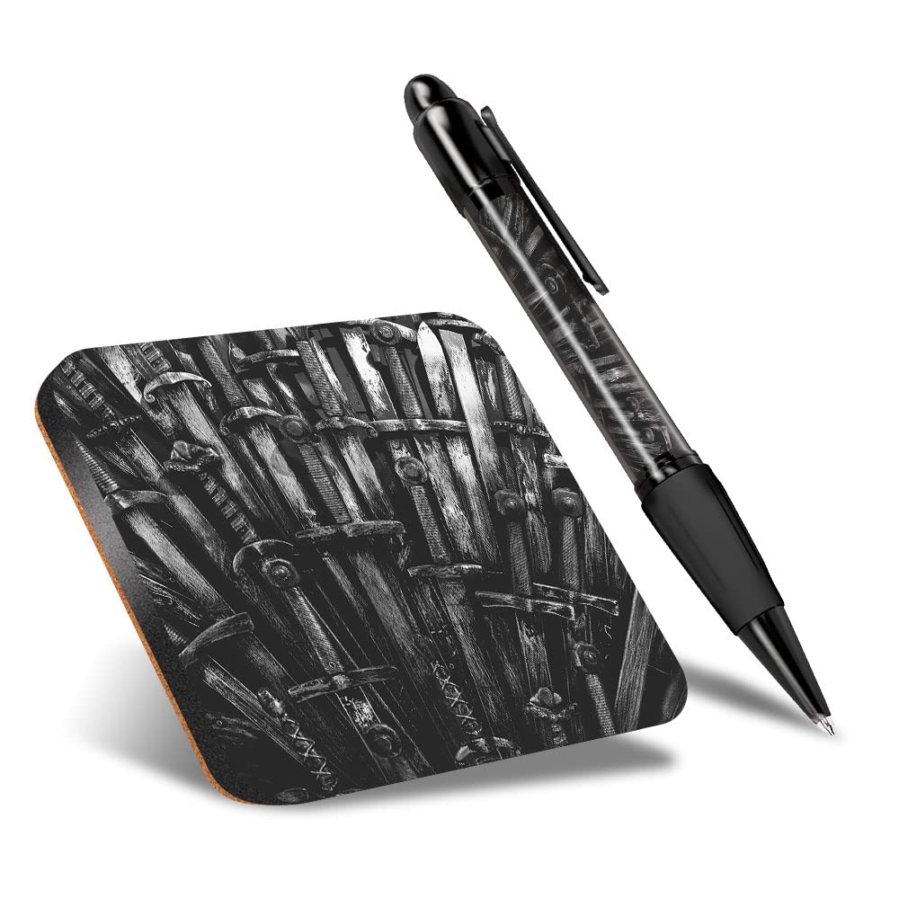 DV DESIGN 1 x Eco Square Coaster & 1 Pen Set - BW - Throne Medieval Swords Game Geek Drink Cup Mug Glass Table Protection Mat #42268