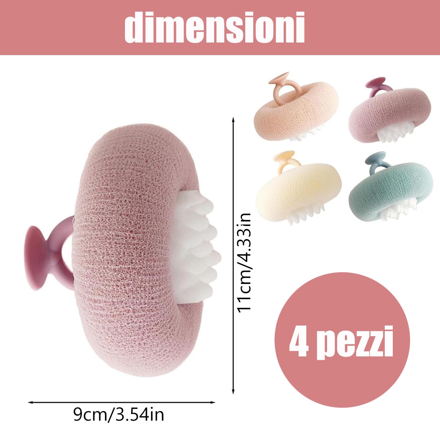 Spugna Doccia, 4 Pezzi Spugne Doccia, Spugnette da bagno per adulti, spugne rotonde da bagno, spugna esfoliante, da appendere e aspirare, doppio uso, massaggio per bagno doccia(multicolore)