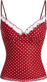 BEAUDRM Women's Polka Dots Cami Tops Coquette Mesh Lace Trim