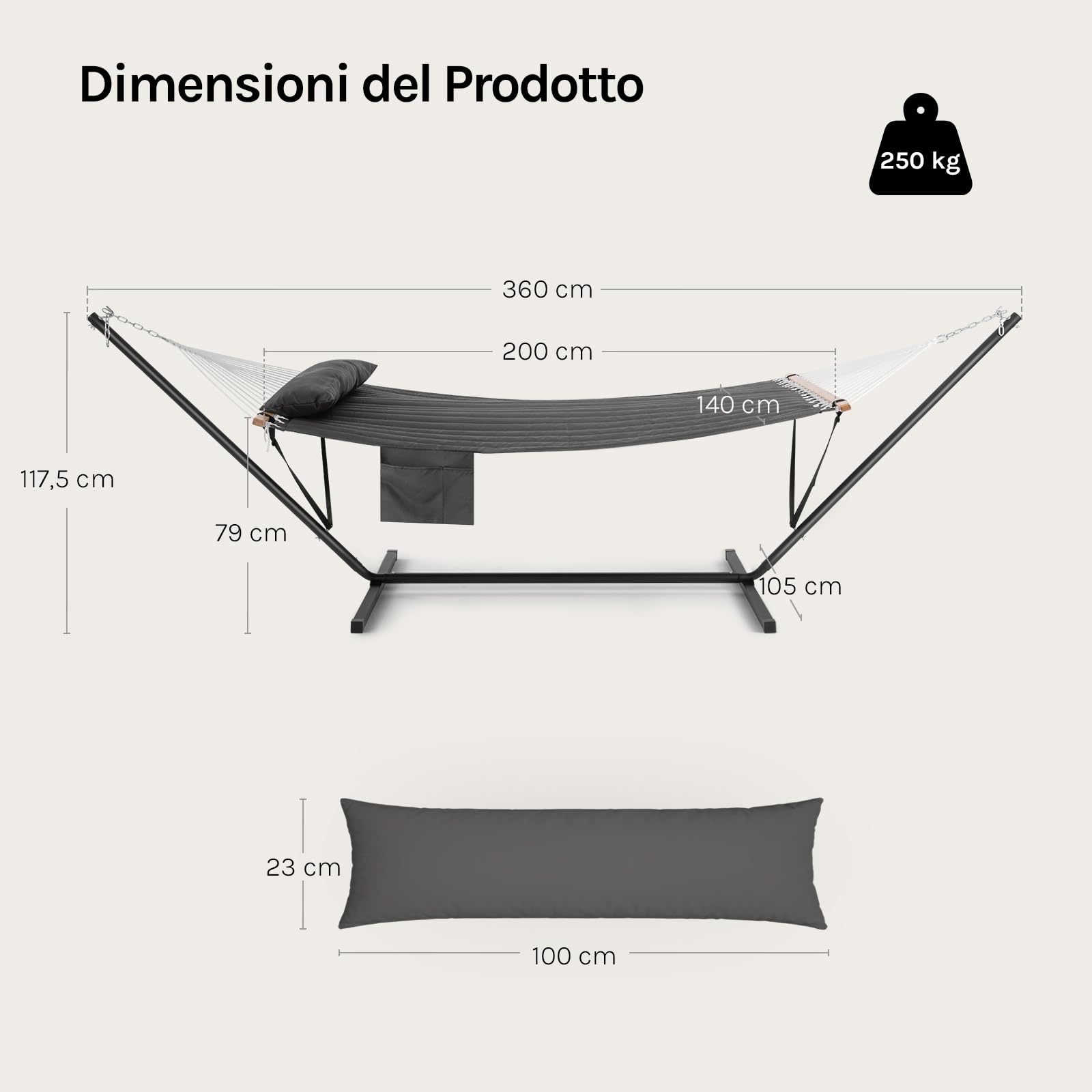 WOLTU Amaca da Giardino con Supporto, Tasca Laterale e Cuscino, Capacità di Carico 250 kg, Ampia Amaca Doppia per Terrazza, Balcone, Campeggio, Grigio Scuro