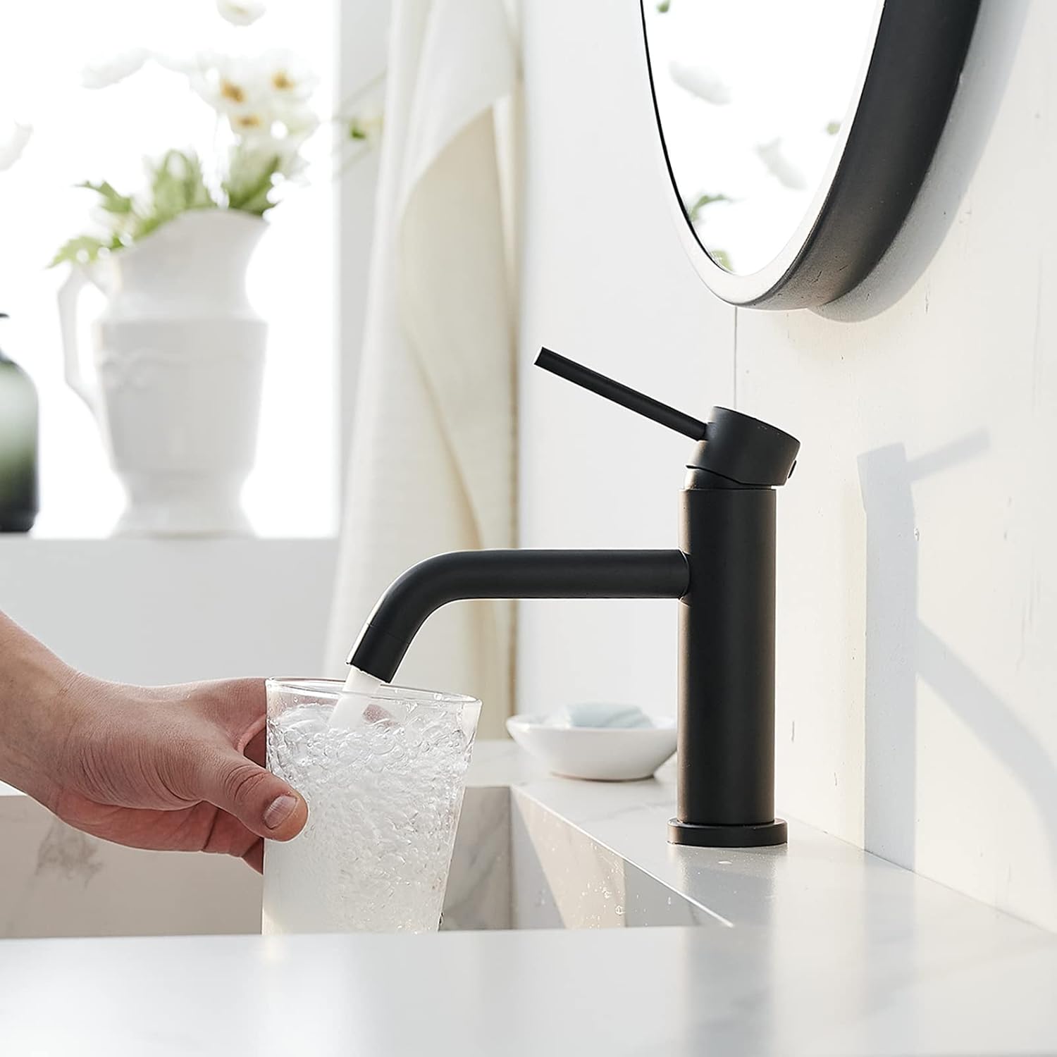 Homevacious Black Bathroom Faucet Single Hole Single Handle Bathroom Vanity Sink Faucet Stainless Steel with Pop Up Drain Assembly and Faucet Supply Hose Modern Lavatory Sink Basin Faucets Mixer Taps