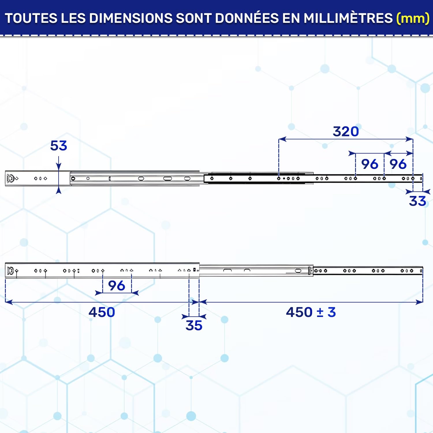 1 Paire Glissiere pour Tiroir sur Roulement à Billes 450 mm x H 53 mm - Télescopiques Coulisse Tiroir de Extension Complète - Garantie de 10 Ans - MONTERAL