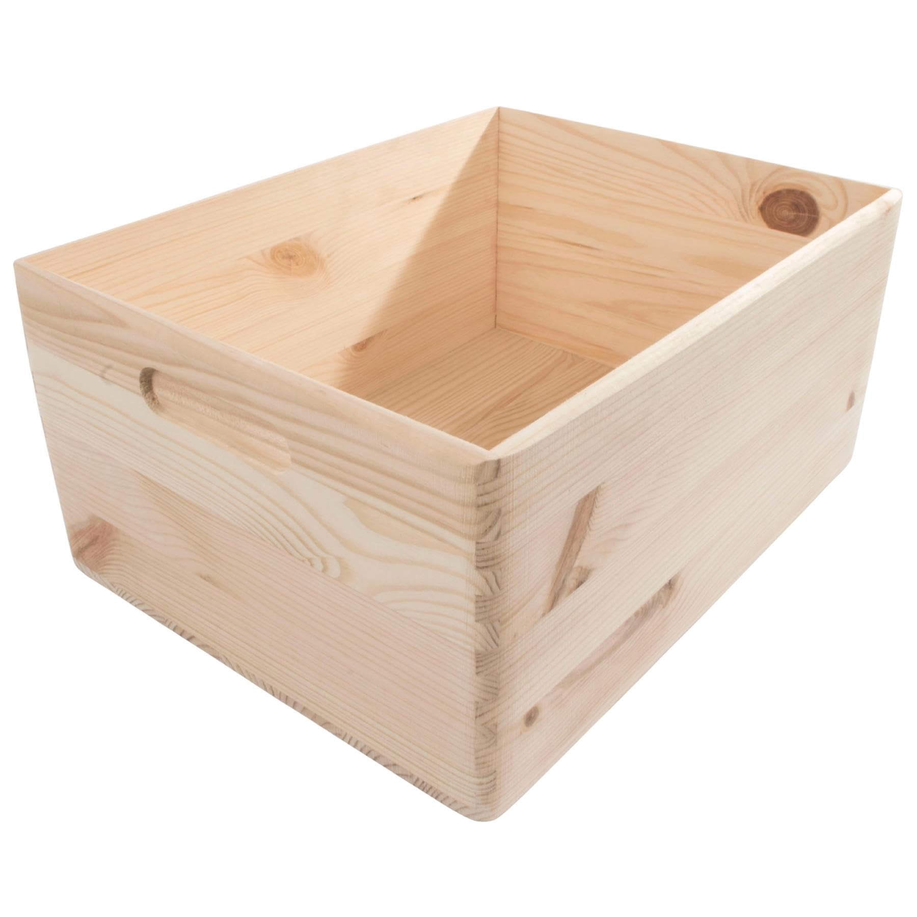 Woodeedoo Natural Large+ Wooden Crate Box –– 37 X 28 X 17.5 Cm –– Solid Pine Open Storage Container With Rounded Corners And Handles For Pantry Craft Utility Or Decorative Use