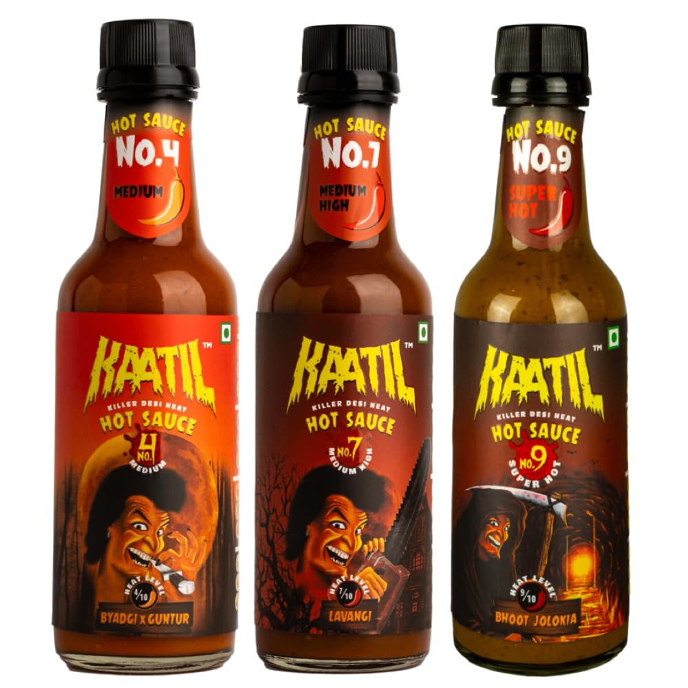 Kaatil Hot Sauce Mob Combo - Hot Sauce No 4, No 7 & No 9 | Medium & Super Hot Sauces | Made with Authentic Desi Indian Chillies | Perfect Condiment & Works as a Dip, Spread, Marinade, Saute, Stir-fry & Finishing Sauce | Goes well with Any Meal | Vega (B0CS3264QR) Amazon Price History, Amazon Price Tracker