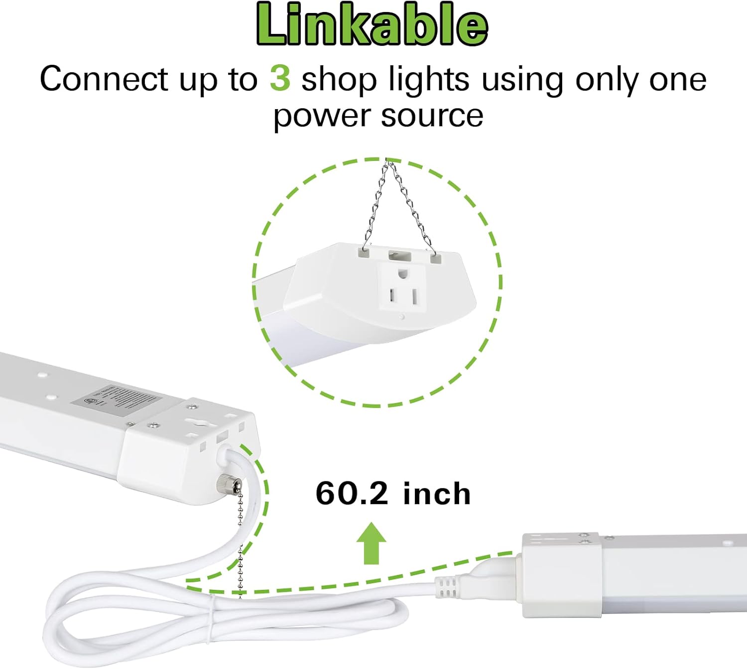 hykolity 5000K LED Shop Light Linkable, 4FT Daylight LED Ceiling Lights for Garages, Workshops, Basements, Hanging or FlushMount, Included Power Cord and Pull Chain,ETL