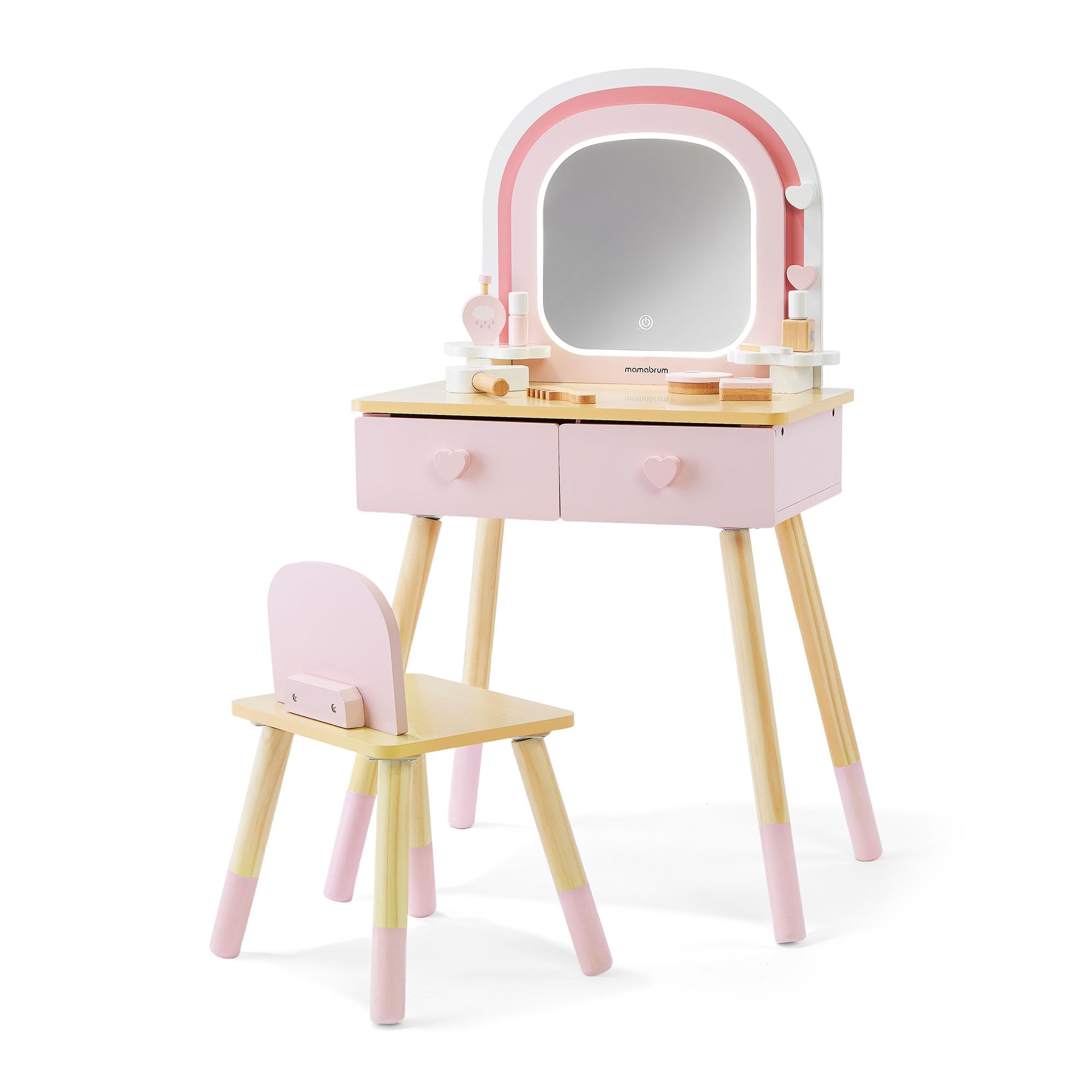 mamabrum Toeletta In Legno Per Bambini Con Specchio LED, Luce Regolabile, Sgabello E Accessori – Arredo Educativo E Creativo Ideale Per La Cameretta E Il Gioco Di Ruolo