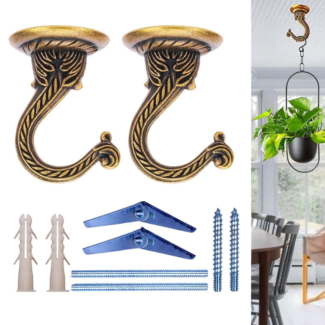 Heavy Duty Antique Brass Ceiling Hooks for Hanging Plants, Wind Chimes, Lanterns, String Lights, Ornaments, and More (Set of 2, Decorative Metal Wall/Ceiling Brackets)-image-31