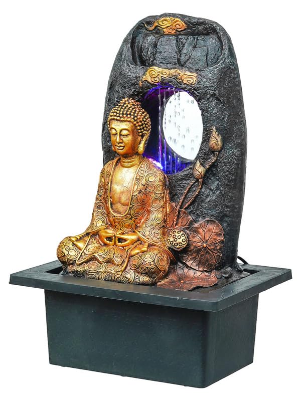 Image of Golden Brown Polyresin Tabletop Buddha Indoor Water Fountain for Home Decor with LED, Speed Control Pump (Size: 37 x 28 x 56 CM | Weight: 2910Gram)